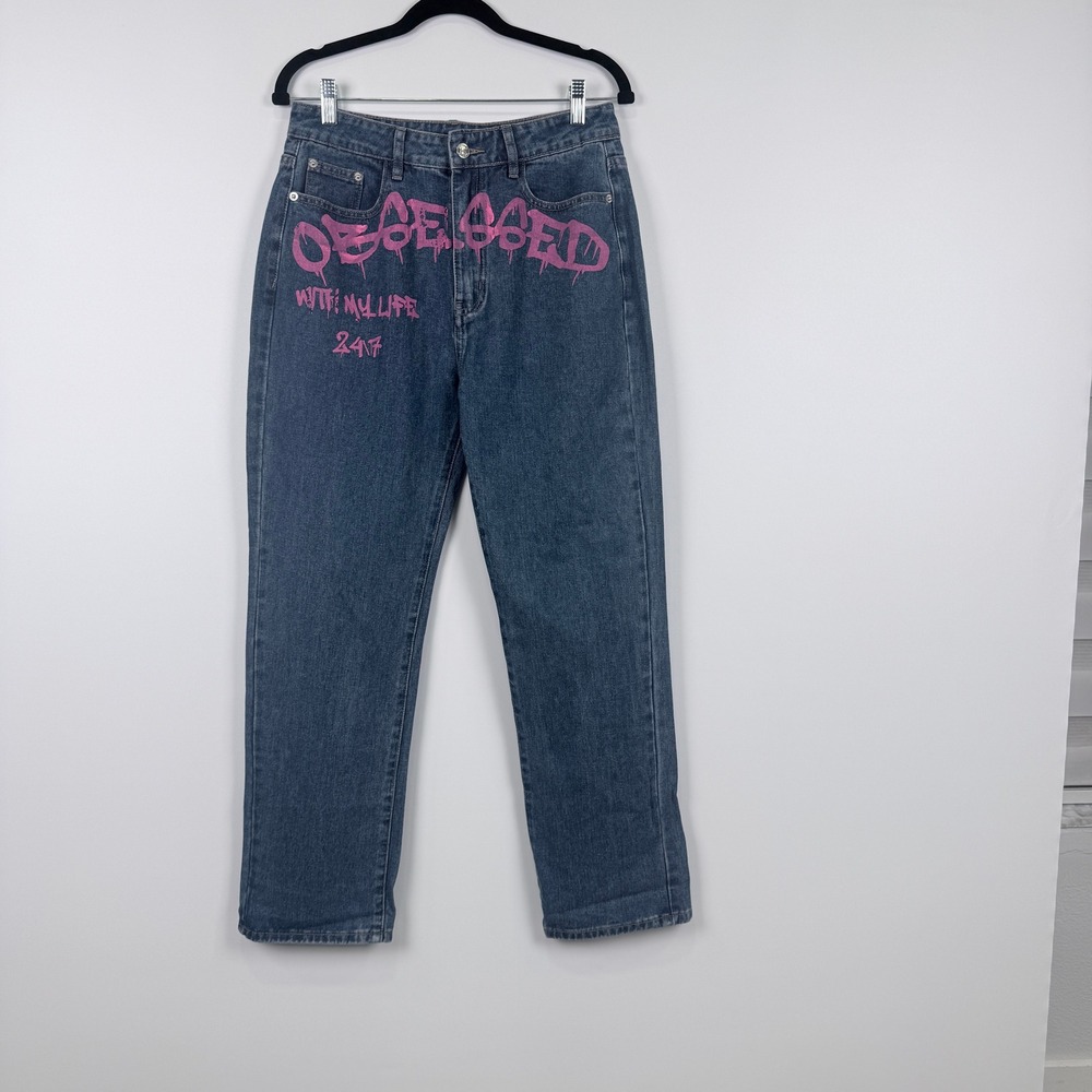 Adika Straight Leg Jeans Womens L Blue Pink Obsessed Graffiti Graphic Street